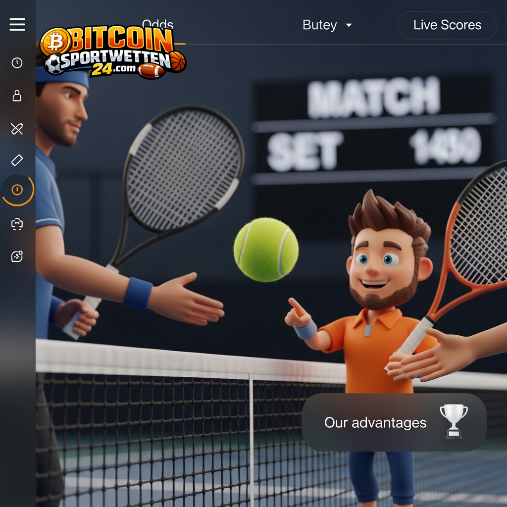 Digitale Sport-Benutzeroberfläche mit einer animierten Tennisszene, die die taktische Analyse und die strategischen Wettquoten für das Spiel darstellt.